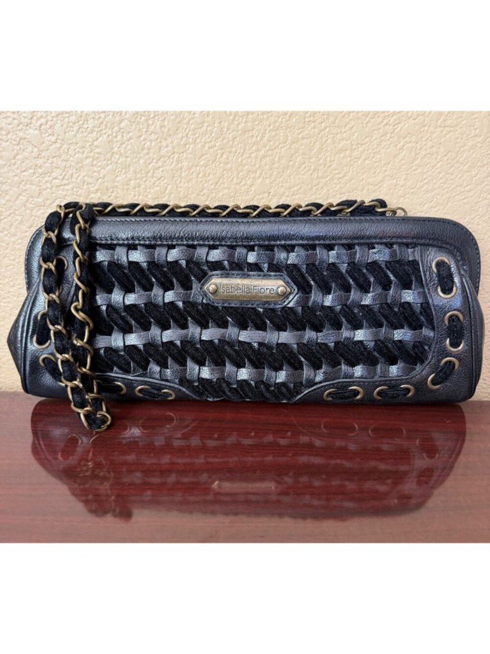 Isabella Fiore Black Leather Woven Shoulder Bag Chain Strap Y2K Designer Purse